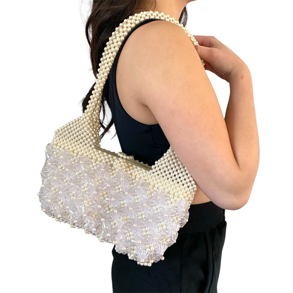 White and Light Blue Faux Pearl and Flower / Floral Beaded Shoulder Bag